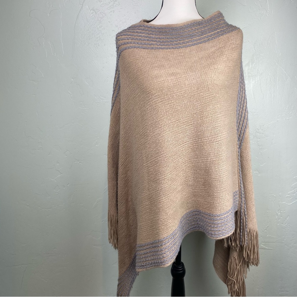 MAX EDITION Womens Tan & Slate Blue Oversized Knit Poncho Shaw Size S/M